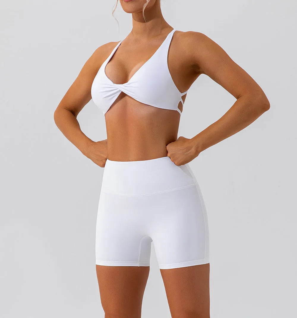 Cross back twisted front sports bra